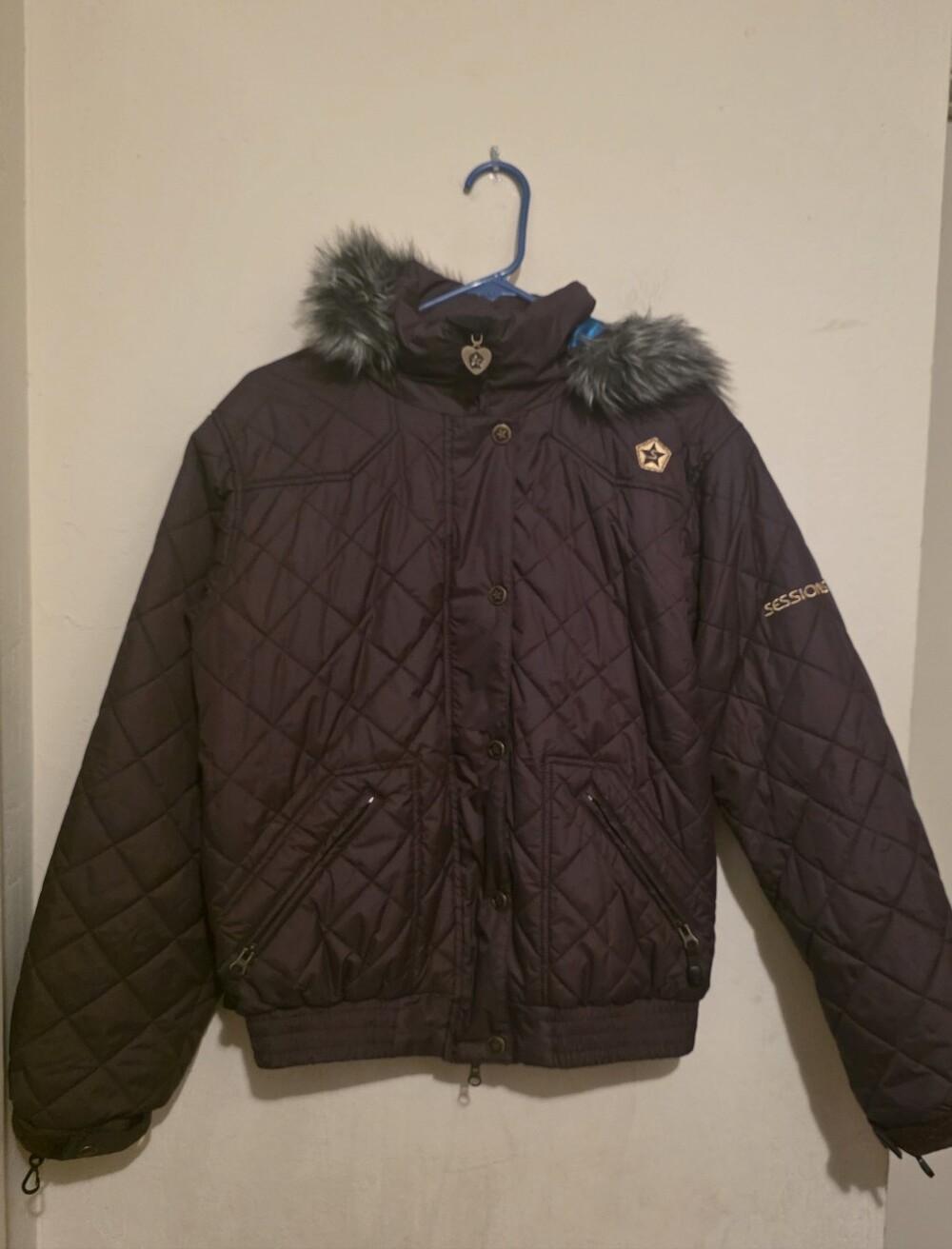 SESSIONS Ridge Series Quilted Ski Jacket Faux-Fur Hood Trim Brown/ Blue Meduim